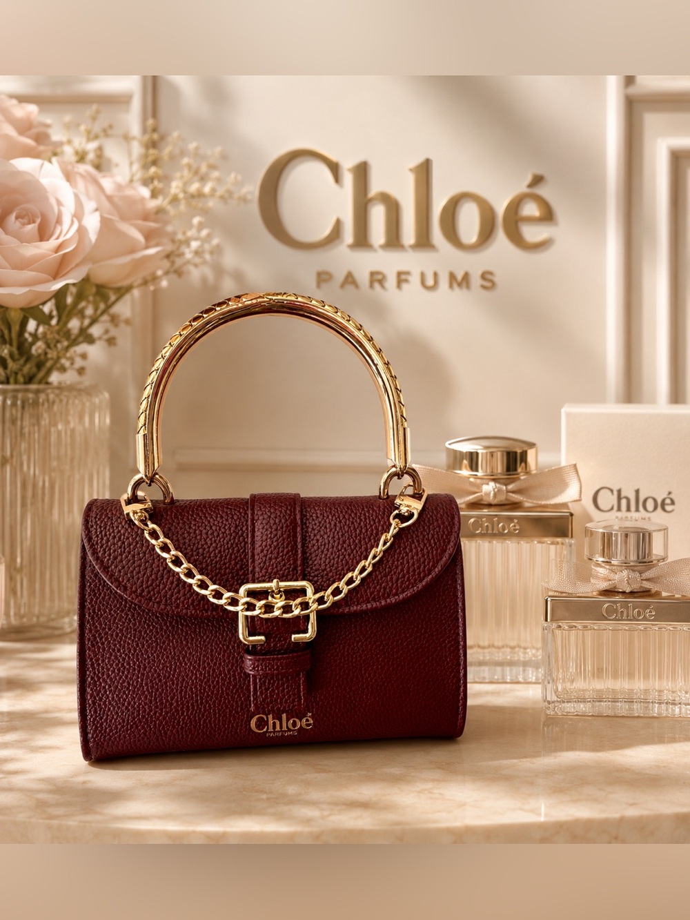 Burgundy Leather Top-Handle Bag with Gold Chain